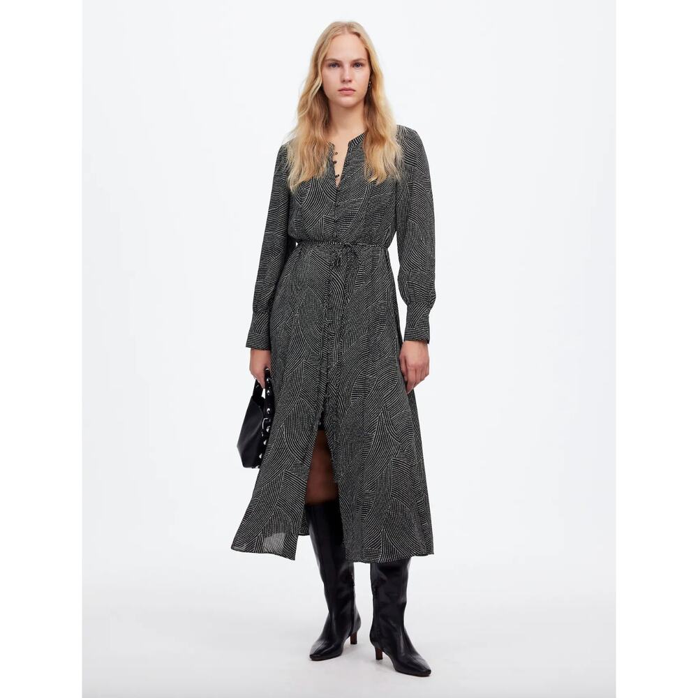 Madewell Tie Waist Midi Dress Dot Black Long Sleeve A Line Godet Small NWT